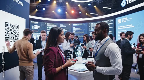 Business professionals shaking hands at a technology conference, networking event.