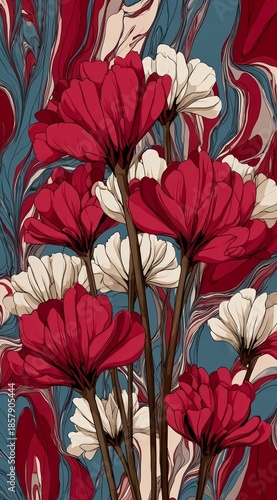 Colorful painting of flowers with red and white petals. The flowers are arranged in a bouquet