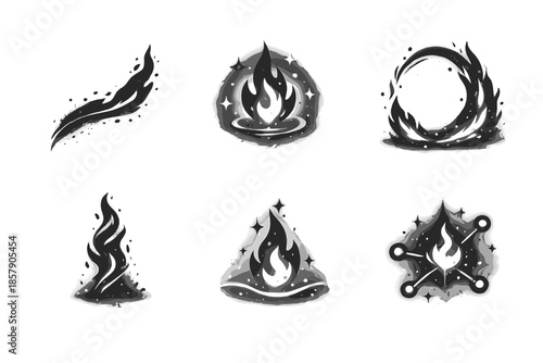 Subdued Flame Icons. Solid style icons of Subdued Flame: ash curve, echo flare, luminous arc, rising thread, soft pulse, glowing