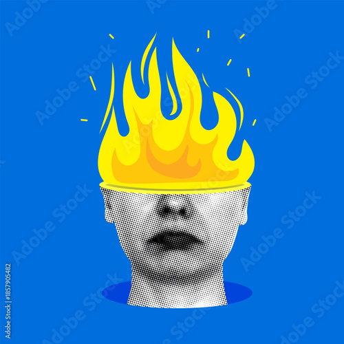 Tired upset woman. Overwhelmed woman with burning head. Emotional stress. Burnout at work. Depression, fatigue concept. Psychological disorder. Halftone modern collage