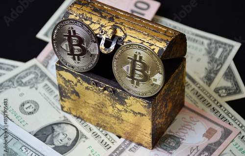 bitcoin coin and a chest next to a pack of dollars on a black background. concept of transition to cashless payments and digital money. rejection of paper money. cryptocurrency mining