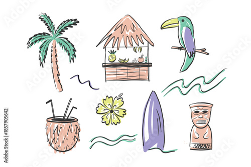 Hawaiian tropical symbols.Tiki statue, palm tree, exotic flower, sea, coconut cocktail, surfing board, toucan bird. Hand drawn vector illustration. For or summer, travel, surfing, beach themes
