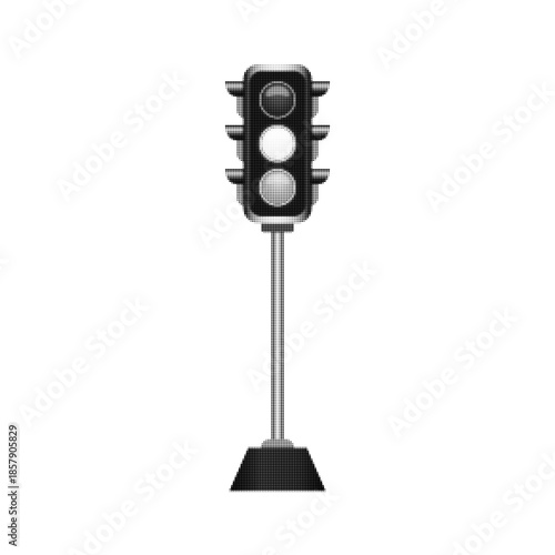 Black and white halftone illustration of a traffic light on a pole. Minimal dotted graphic style symbolizing road safety, transportation, control, and urban infrastructure.