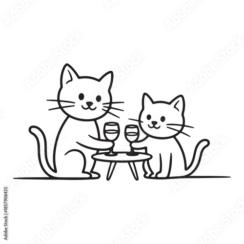 Two Cute Cats Drinking Wine Together – Minimal Line Art Vector Illustration