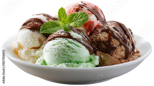 Delicious Ice Cream Sundae in a White Bowl with Drizzled Fudge Sauce