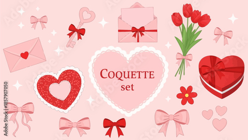 Valentine's Day romantic gift set with heart-shaped box, envelopes, tulips, keys, and bows on a pink background