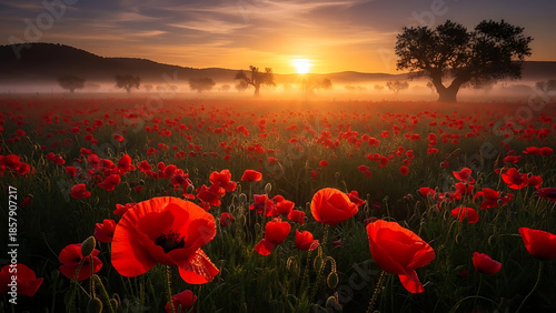 Vibrant red poppy field at sunrise with misty morning fog