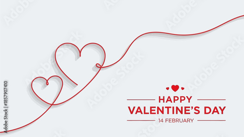 Elegant minimalist Valentine's Day card design featuring two interconnected red heart outlines on a clean white background with 'Happy Valentine's Day 14 February' text