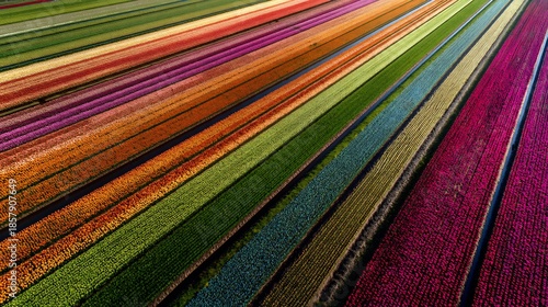 Aerial panoramic shot of tulip fields Netherlands vibrant rows of color stock travel realism shot with drone perspective DSLR