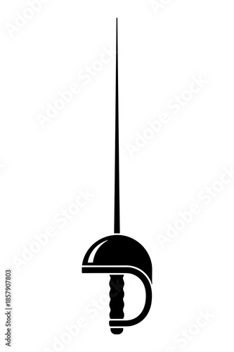 Silhouette illustration of a classic fencing épée weapon featuring a slender blade and protective bell guard for sport competition