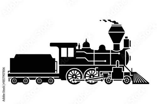 Classic steam locomotive silhouette graphic design representing historic rail travel and powerful early industrial machinery moving across the landscape