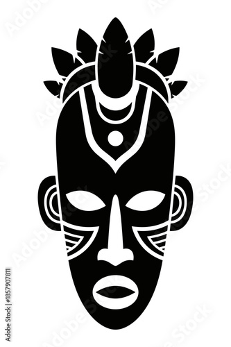 Striking black and white graphic icon representing a stylized traditional African tribal ceremonial wooden mask symbolizing ancient culture spirituality and ritualistic art forms