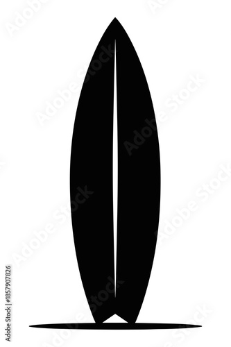 Sleek black surfboard icon standing upright in silhouette representing surfing water sports and beach recreation activities perfectly designed for graphic design projects
