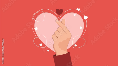 Romantic gesture of a hand forming a heart shape with surrounding delicate hearts and glowing ambiance, symbolizing love and affection
