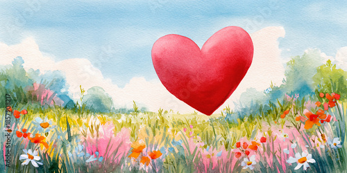 A vibrant watercolor painting of a red heart amidst a blooming flower field, exuding romance and joy—perfect for Valentine’s Day cards or any love-themed project.