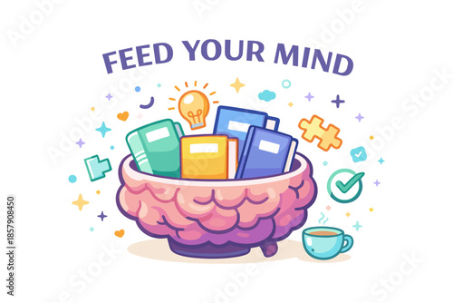 Feed your mind illustration, brain filled with ideas and learning