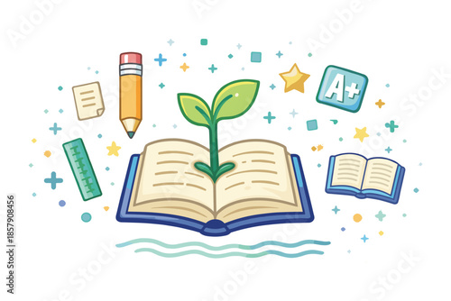 Learning illustration, open book with growing plant