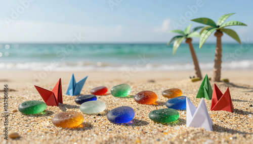 Wallpaper Mural Colorful paper boats and gemstones on sandy beach symbolizing creativity, playfulness and summer imagination
 Torontodigital.ca