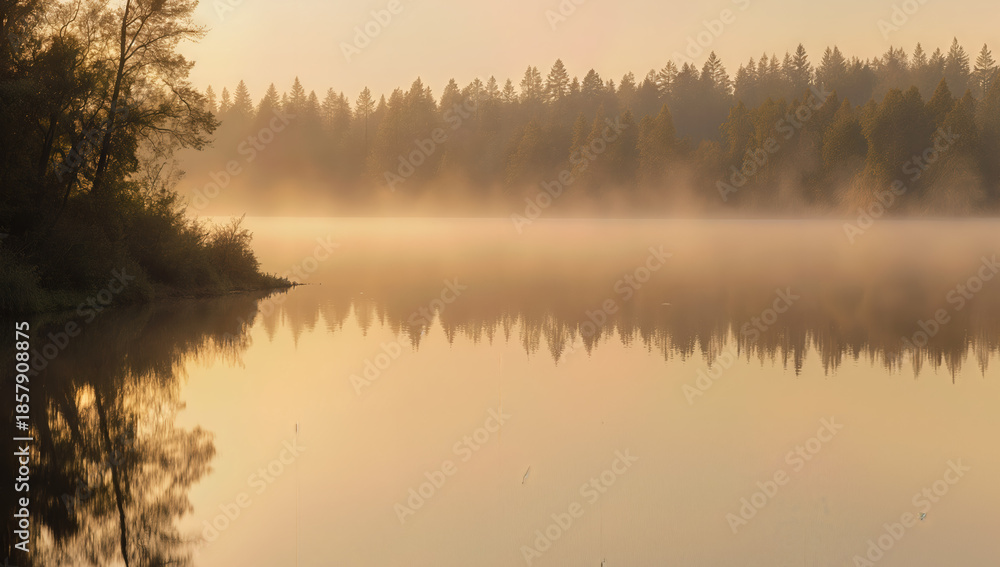 Fototapeta premium Misty forest lake at sunrise symbolizing calm, reflection and untouched nature 