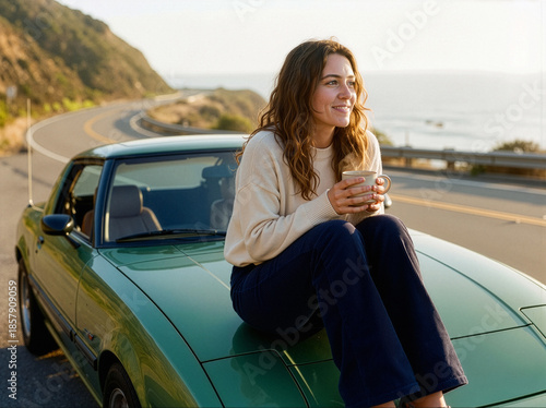 Young Girl sitting on green sports car hood enjoying coffee at sunset