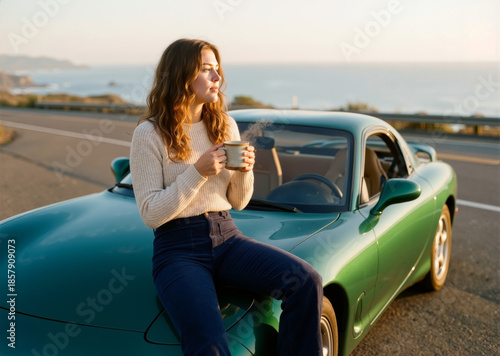 Young Girl sitting on green sports car hood enjoying coffee at sunset