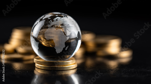 A crystal globe of the world sits atop golden coins, symbolizing finance, global economy, and wealth in a sleek, modern design against a dark background.