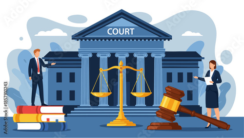 Vector illustration of a court scene with judge, lawyer, and scales of justice in a formal setting