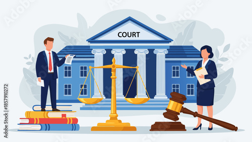 Vector illustration of a court scene with judge, lawyer, and scales of justice in front of a courthouse building