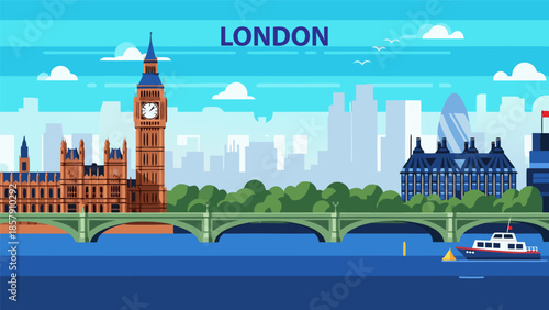 Vector Illustration of London Cityscape with Famous Landmarks and Bridge over River Thames