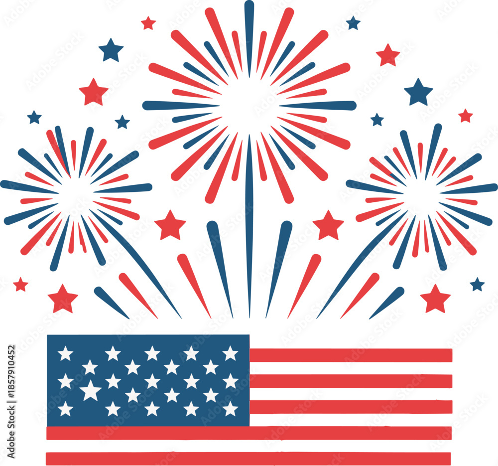 Obraz premium American Flag with Fireworks Display in Red Blue and White vector illustration EPS file download.