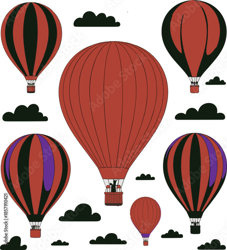 Red and black striped hot air balloons floating in the sky with clouds vector illustration EPS file download.
