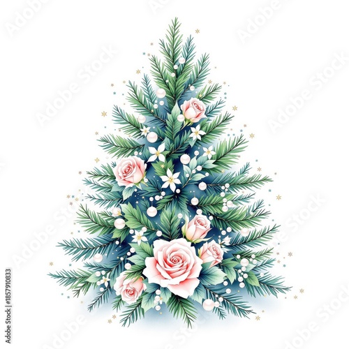 Festive floral Christmas tree with roses and pine branches