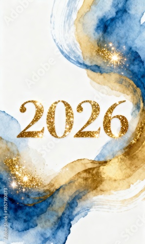 Golden glitter 2026 text on blue and gold watercolor background