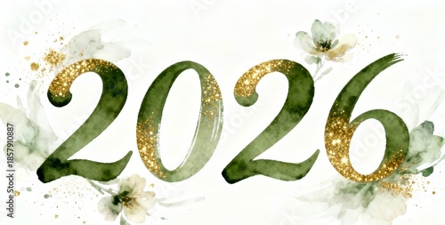 Watercolor 2026 New Year design with olive green and gold glitter and floral elements
