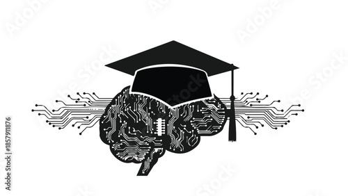 Graduation cap on brain with pen, education and intelligence concept, learning and knowledge symbol, academic success idea, intellectual growth