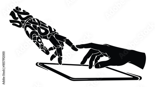 Robot hand and human hand touching screen on tablet device in futuristic technology concept with artificial intelligence and human interaction