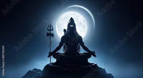 Silhouette of Lord Shiva meditating on a rock with full moon in the night sky and sparkling stars with soft blue mist