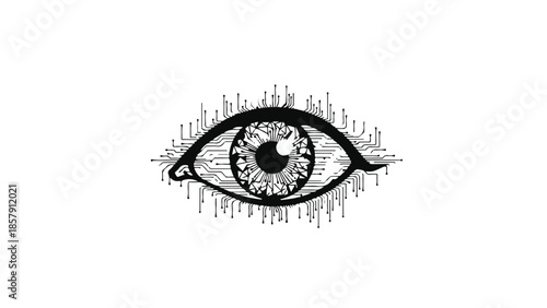 Futuristic eye with digital circuit iris and neon light effect on white background, concept of advanced technology and artificial intelligence