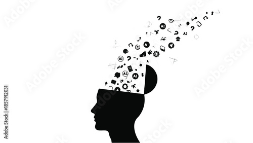 silhouette of a woman brain with lot of icons