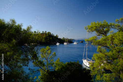 Scenic view of Göcek, a picturesque coastal town on the Turkish Riviera which known for its modern marinas, luxury yachts, and surrounding islands and bays in Fethiye, Turkey.
