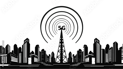 Modern cityscape with 5G network tower and urban skyline, illustrating connectivity and technology in a metropolitan area with sleek skyscrapers