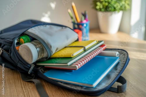 Backpack filled with notebooks and stationery on wooden table  