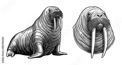 Line art walrus with tusks in full and head view