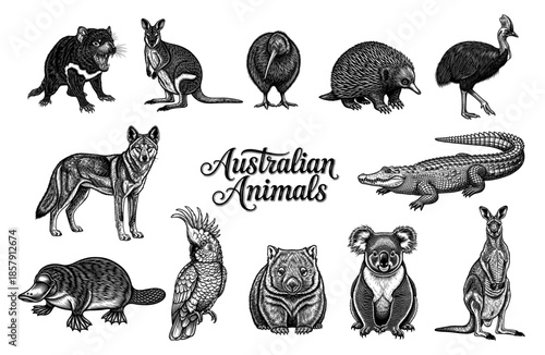 Australian animals collection in line art