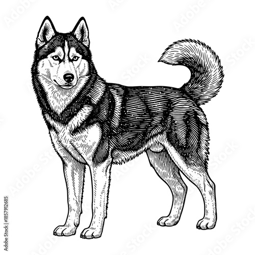 Husky dog in vintage line art style