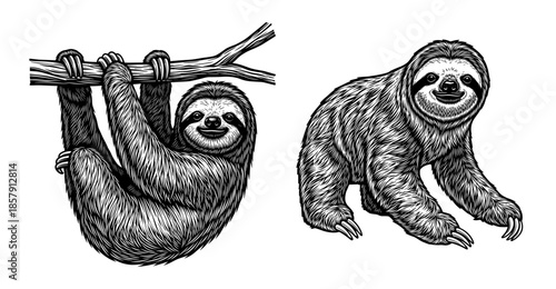 Sloth hanging and standing in line art style