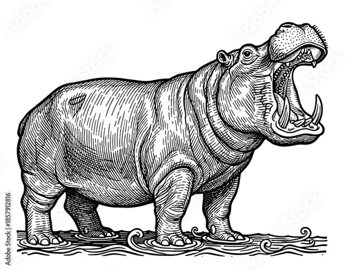 A detailed black and white line art illustration of a hippopotamus standing in water with its mouth wide open.