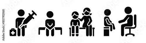Set of icons: vaccination, injection, medical procedure, stick figure, person, adult and child symbol, pictogram.