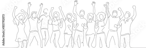 Continuous Line Drawing of Happy Crowd: Minimalist Vector Illustration of Cheering People and Celebration