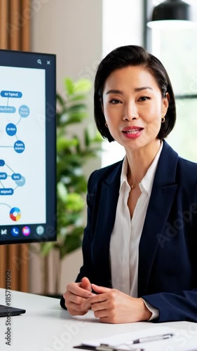 Businesswoman presenting data analysis on computer screen during meeting.
